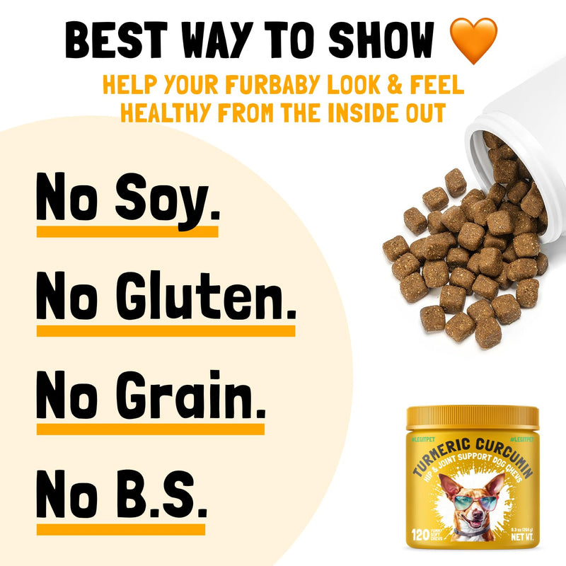 Turmeric Curcumin Hip & Joint Dogs Supplement Anti-Inflammatory Support for Arthritis & Mobility with Collagen & BioPerine Pain Relief Antioxidant Digestive Cardiovascular and Liver Health 120 Chews 1 Count (Pack of 120) - PawsPlanet Australia