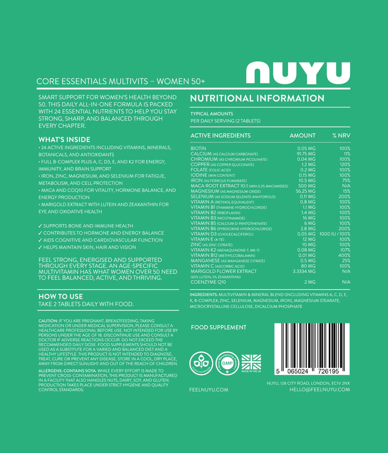 NUYU Core Essentials MultiVits for Women 50+ - Tablets with 24 Nutrients, Vitamins A C D3 E K2 B-Complex for Immunity, Energy & Cognitive Function. Two-a-Day, 1 Month Supply. Made in The UK.