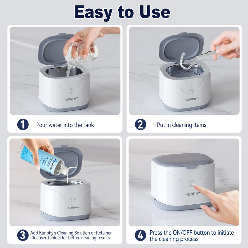 [Australia] - Ultrasonic Retainer Cleaner, KUNPHY 46KHz Professional Ultrasonic Jewelry Cleaner 7.5Oz, Retainer Cleaner Machine for Dentures, Braces, Aligner, Dental Appliances (White) White 