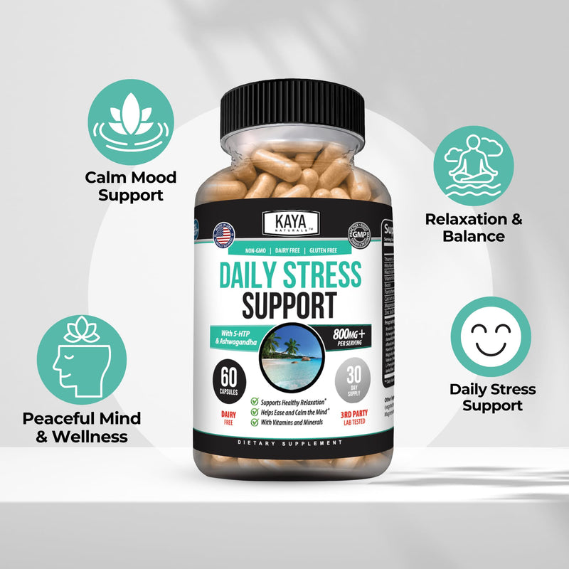 Kaya Naturals Daily Stress Support with Ashwagandha & GABA, 60 Capsules | Ashwagandha, GABA & L-Theanine, Rhodiola, Lemon Balm & Valerian, B Vitamins, Magnesium & Zinc, Daily Calm Support 1 Count (Pack of 60)