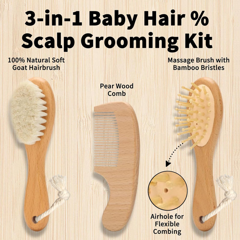 [Australia] - Goat Baby Hair Brush Set, Wooden Comb Massage Scalp Comb, Safe Natural Hair Care Kit, Soft Silicone Bath Brush for Newborns Toddlers (Brush Set+ Green Massager) Group 1 Brush Set+ Green Massager 