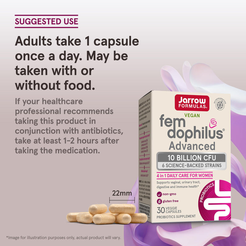[Australia] - Jarrow Formulas Fem-Dophilus Advanced Probiotics 10 Billion CFU With 6 Science-Backed Strains, Dietary Supplement for Vaginal, Urinary Tract and Digestive Support, 30 Veggie Capsules, 30 Day Supply 
