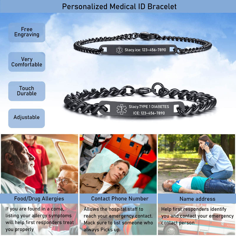 [Australia] - VNOX Medical Alert ID Bracelet - Mens Womens Stainless Steel ID Tag Medical Alert Emergency Bracelet,7.2/8/8.4 Inches epilepsy Width 4MM-Black-7.5 Inches 