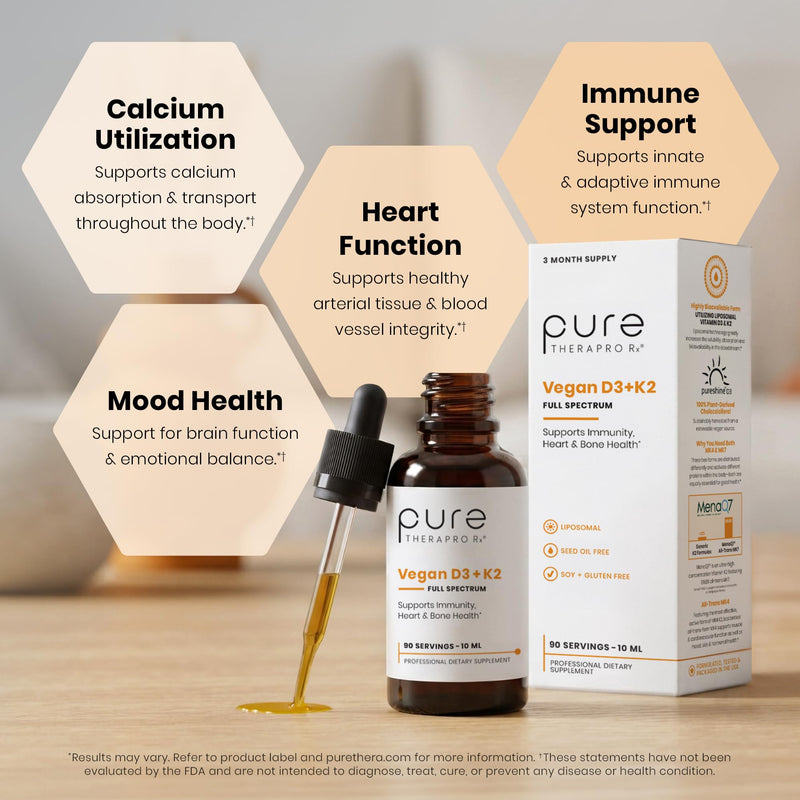 Pure Therapro Rx Vegan D3 + K2, Bone & Heart Health, 5000 IU, 90 Servings | 100% Organic Liposomal, Maximum Absorption, Includes MK4 & MK7 Vitamin K2, For Men & Women, Made in USA 0.34 Fl Oz (Pack of 1)