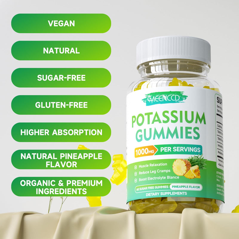 [Australia] - Potassium Citrate Gummies 1000mg, High Potency Potassium Supplement Gummies for Adults Women & Men, Support Leg Cramps & Muscle Health, Sugar-Free, Pineapple Flavor, 60 Count 60 Count (Pack of 1) 