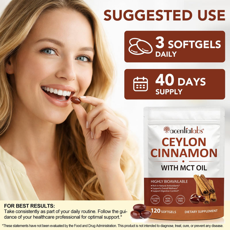 2 Bags Ceylon Cinnamon Softgels with MCT Oil – 600mg Cinnamomum Verum Extract, Easily Absorbed Formula for Daily Wellness Support, 120 Softgels, Non-GMO, Gluten Free Food Supplement