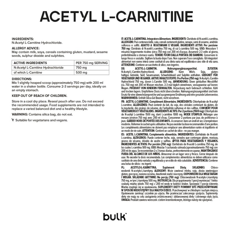 Bulk Pure Acetyl L-Carnitine (ALCAR) Powder, 500 g 500 g (Pack of 1)