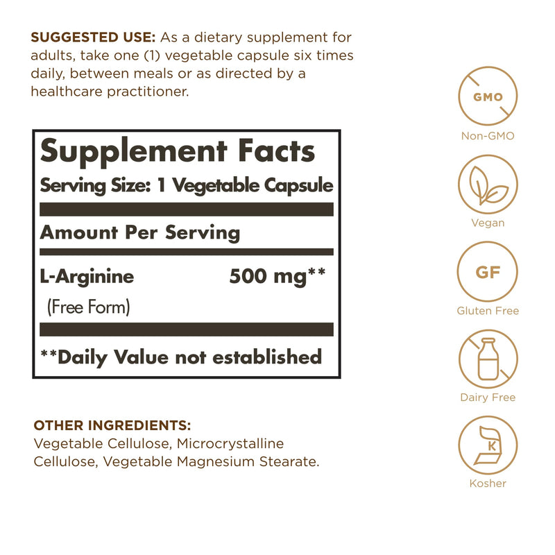 Solgar L-Arginine 500 mg - 100 Vegetable Capsules - Nitric Oxide Stimulator - Non-GMO, Vegan, Gluten Free, Dairy Free, Kosher - 100 Servings 100 Count (Pack of 1)