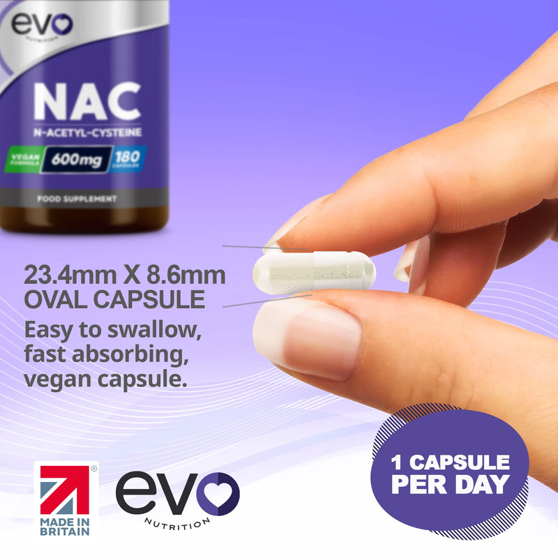 NAC N-Acetyl-Cysteine Supplements 180 Capsules | High Strength 600mg | Antioxidant to Support Body Function | Amino Acid Nutritional Supplement | Bioavailable, Vegan, UK Made, 6 Months | EVO NUTRITION