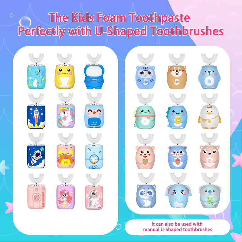 Kids Foam Fluoride Free Toothpaste with 4 Pack Strawberry and Blueberry Flavor,Toddler Natural Teeth Deep Cleaning Toothpaste for U Shaped Toothbrush 2Strawberry+2Blueberry