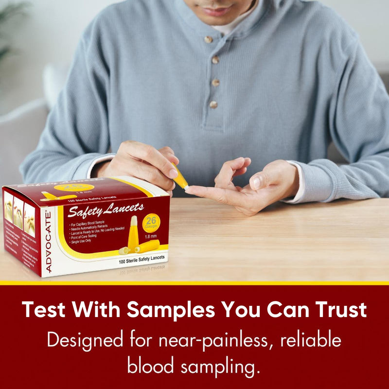Pressure Activated Safety Lancets, 26G 1.8mm Box of 100, Advocate Single Use Glucose Testing Lancing Device with Automatic Retractable Needle for Blood Sugar Sampling 26g Yellow 26G x 1.8mm, Box of 100