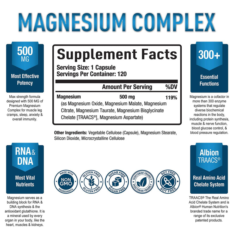 [Australia] - Magnesium Complex Supplement - Magnesium Citrate, Malate, Taurate, Oxide, Bisglycinate Chelate, Aspartate 500mg - for Sleep, Leg Cramps, Muscle, Heart - Max Absorption, Gluten-Free, Non-GMO 120 Caps 120 Count (Pack of 1) 120.0 