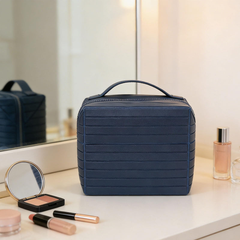 Vikye Foldable Makeup Bag, Large Capacity Flat Open Travel Cosmetic Case Zippered Toiletry Organizer with PU Leather and Canvas, for Skincare Navy Blue