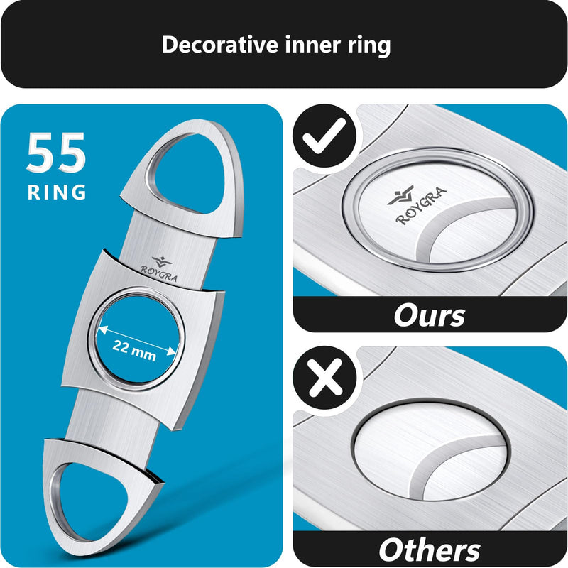 [Australia] - roygra Cigar Cutter with Leather Protector, Stainless Steel Double Blade Guillotine (Silver) Silver 