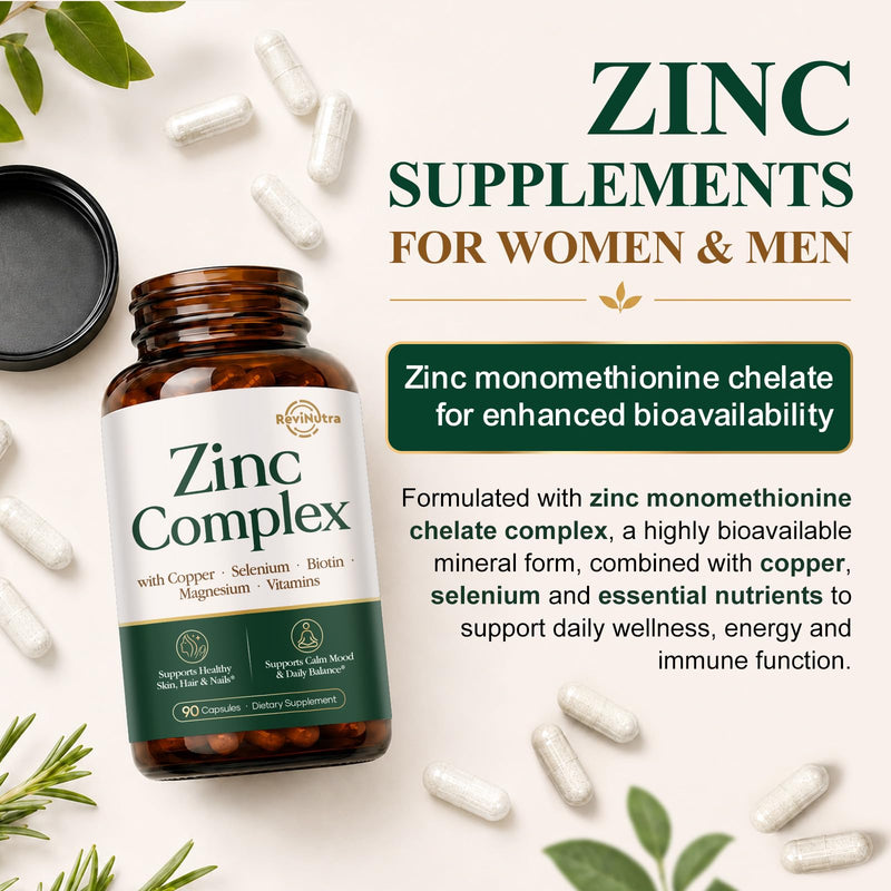 Zinc 30mg with Copper, Selenium, Magnesium, Vitamin C, D3, K2, B6, B12, Biotin & Folate - Chelated Zinc Complex for Women & Men - Immune, Hair, Skin, Nails & Daily Wellness Support - 90 Capsules