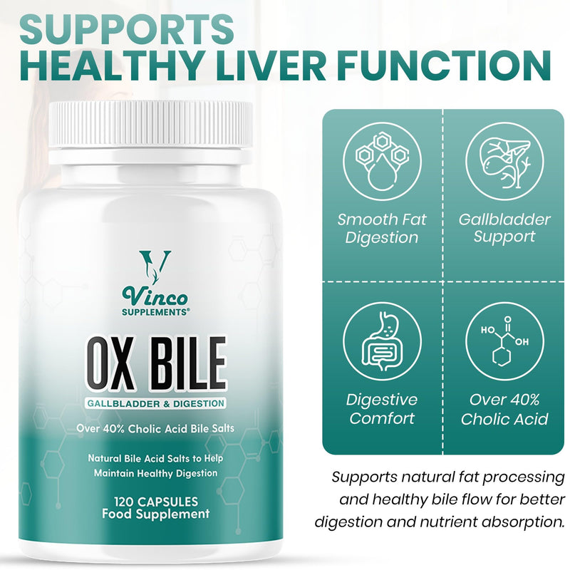 Vinco Ox Bile Acid Salts - 125mg x 120 Capsules - Gallbladder and Digestion Support - Over 40% Cholic Acid Bile Salts - Grass Fed Source - GMP Certified, Non-GMO & Gluten Free - Made in The UK