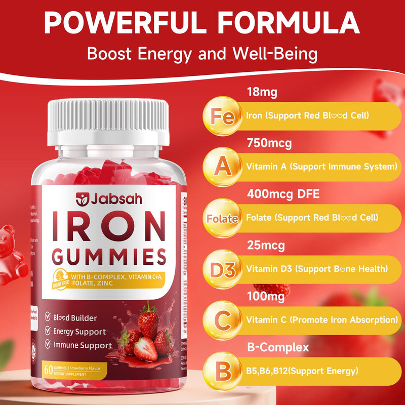 Vegan Iron Gummies for Women & Men, Iron Supplement with B-Complex, Vitamin C, A, Folate for Adults & Kids - Blood Builder & Energy Support & Immune Health - Strawberry Flavor, 120 Gummies 60 Count (Pack of 2)
