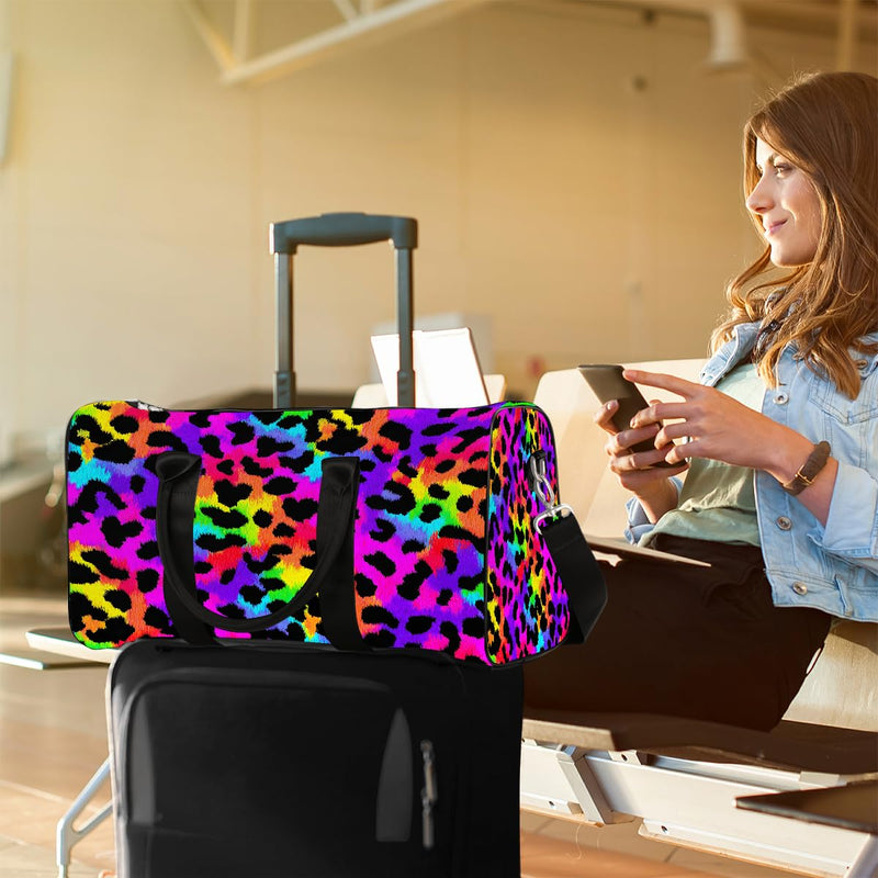 Travel Duffel Bag for Women Men Rainbow Cheetah Leopard Print Sport Gym Tote Bag Lightweight Waterproof Foldable Weekender Overnight for Hospital Training Swim Yoga Handbag A01:Leopard Cheetah Colorful