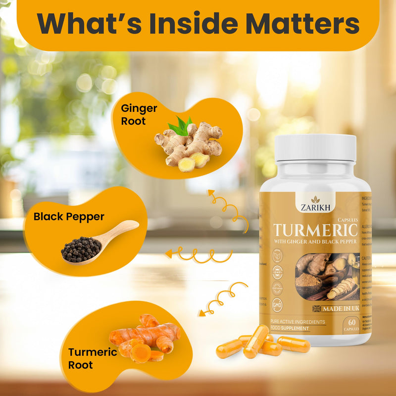 High Strength Turmeric and Black Pepper Capsules with Ginger Root | Supports Joint, Immune, Gut & Kidney Health | Anti Inflammatory Turmeric Supplement | 60 Vegan Turmeric Capsules | UK Made