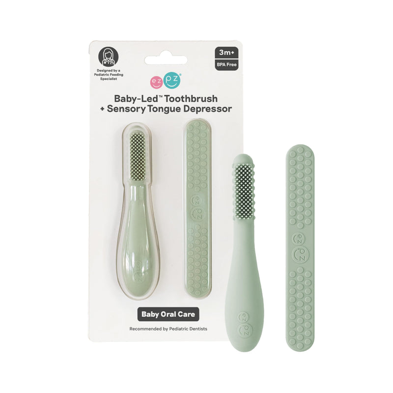 ezpz Baby-Led Toothbrush + Tongue Depressor Dual Pack (Sage) - 100% Silicone Toothbrush + Silicone/Stainless Steel Tongue Depressor - Helps Set-up Infants for a Healthy Oral Care Routine Sage