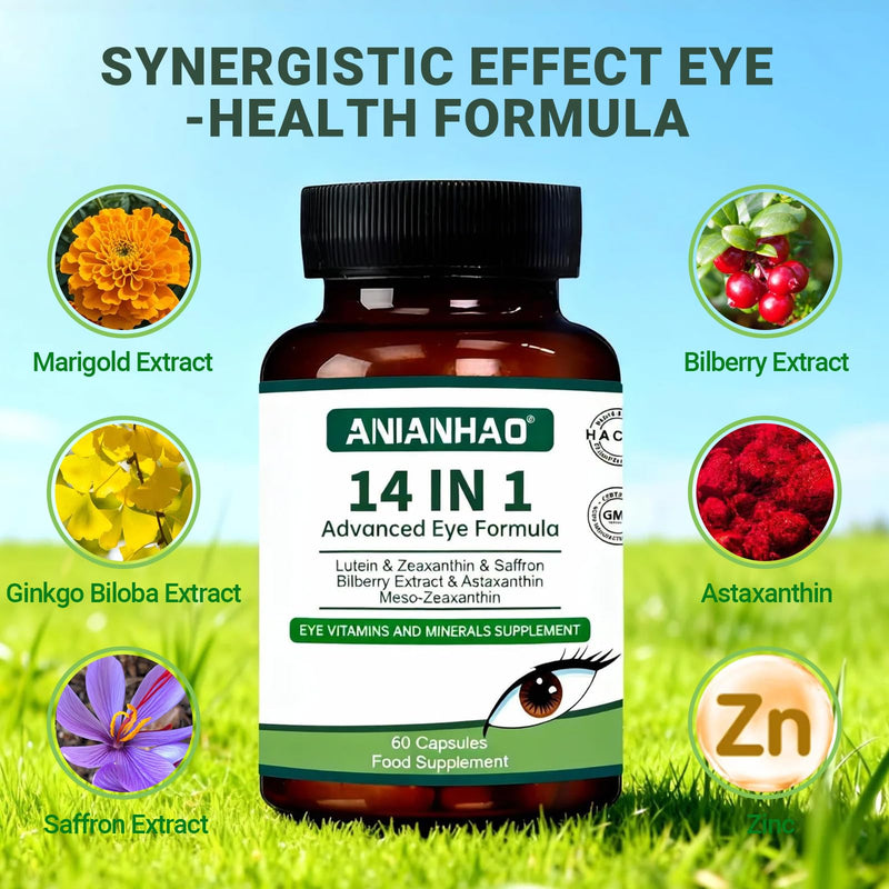 14 in 1 Advanced Eye Formula Eye Vitamins, areds 2 Eye Supplement – Eye Vitamin and Mineral Supplement with Lutein, Zeaxanthin, Zinc & Bilberry Extract – Vision & Focus Support, 60 Capsules