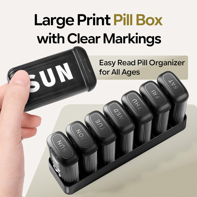 Daviky Weekly Pill Organizer 2 Times a Day, AM PM Removable Pill Box 7 Day | XL Cute Pill Case, Large Date Label, Slide to Open, Silicone Moisture-proof, Easy to Use for Fish Oil or Vitamins, Black