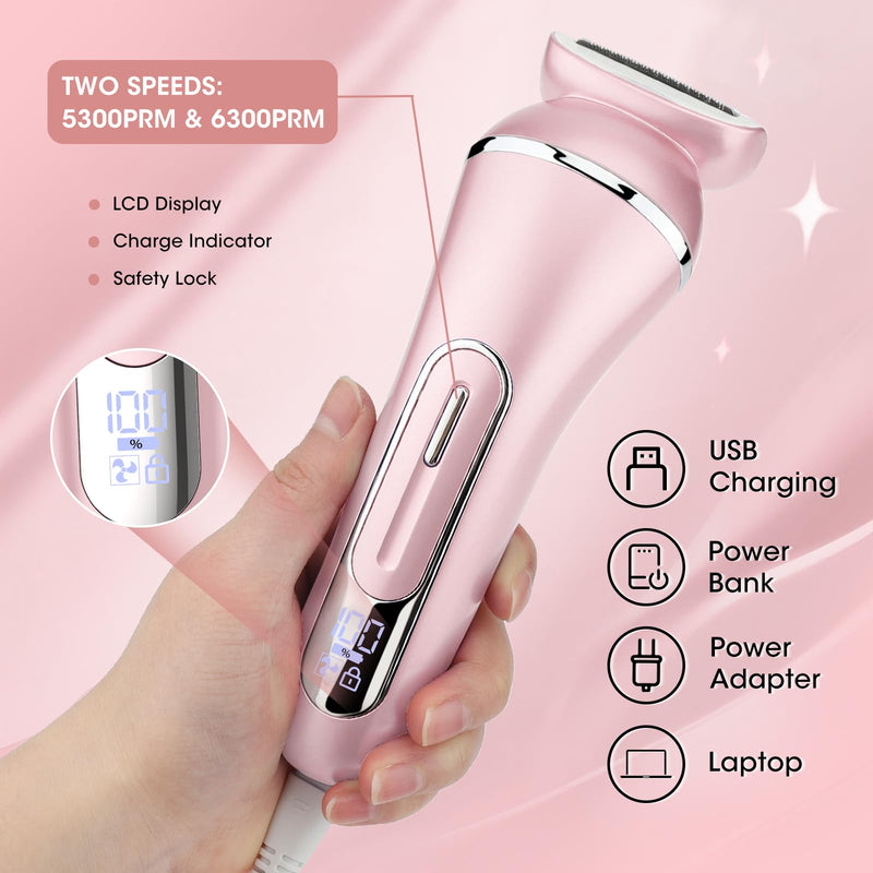 [Australia] - Electric Shavers for Women, 7 in 1 Hair Removal Kit with Epilator Bikini Trimmer Face Razor Body Brush Face Massager Foot Callus Remover, IPX7 Waterproof Lady Razors Set for Legs Armpit Bikini Pubic Pink 