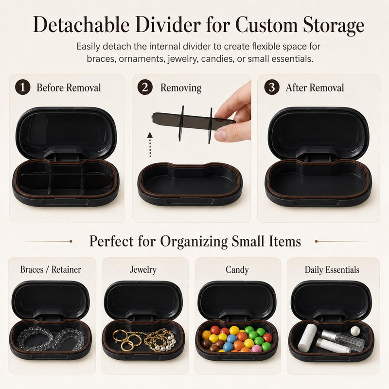HyJeryty 6-Compartment Pill Organizer - Small Compact Travel Pill Case for Vitamins, Medication and Supplements - Portable Black Medicine Pill Box with Stylish Design Compact Black