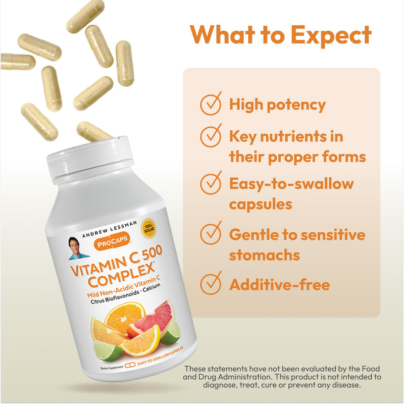 ANDREW LESSMAN ProCaps Vitamin C 500 Complex 360 Capsules | 500 mg Non-Acidic Calcium Ascorbate with Citrus Bioflavonoids for Immune & Antioxidant Supportâ€”Gentle on the Stomach. 360 Count (Pack of 1)
