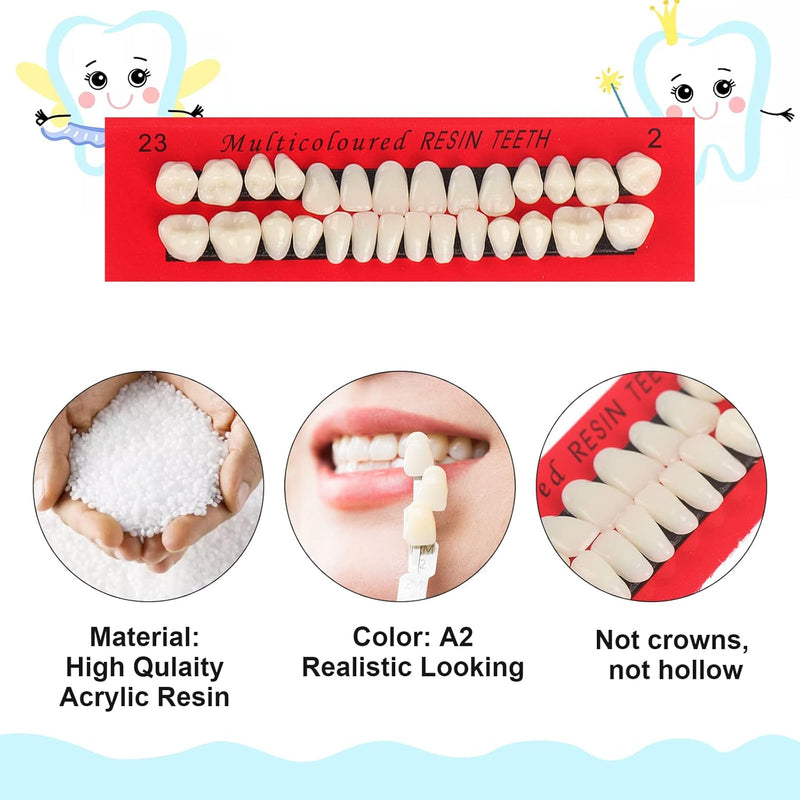 [Australia] - 84 Pcs False Teeth Dental Complete Acrylic Resin Denture Teeth, 3 Sets Whole Teeth Synthetic Polymer Denture Tooth, 23 Shade A2 Upper + Lower Dental Materials for Replacement, DIY or Halloween 