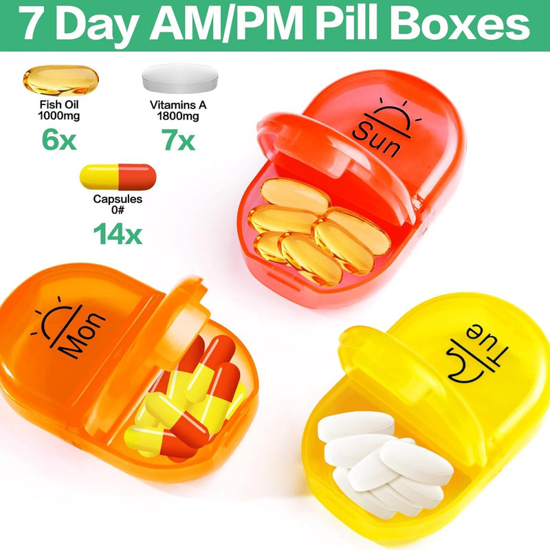 Serfeymi Weekly Travel Pill Organizer 2 Times a Day AM PM Rainbow Pill Box | Medicine Organizer with Portable Zipper PU Leather Pill Case,Pill Organizer 7 Day for Vitamins, Supplements，Pills - Green 01 B Pu Green 01 1 Set PU Case