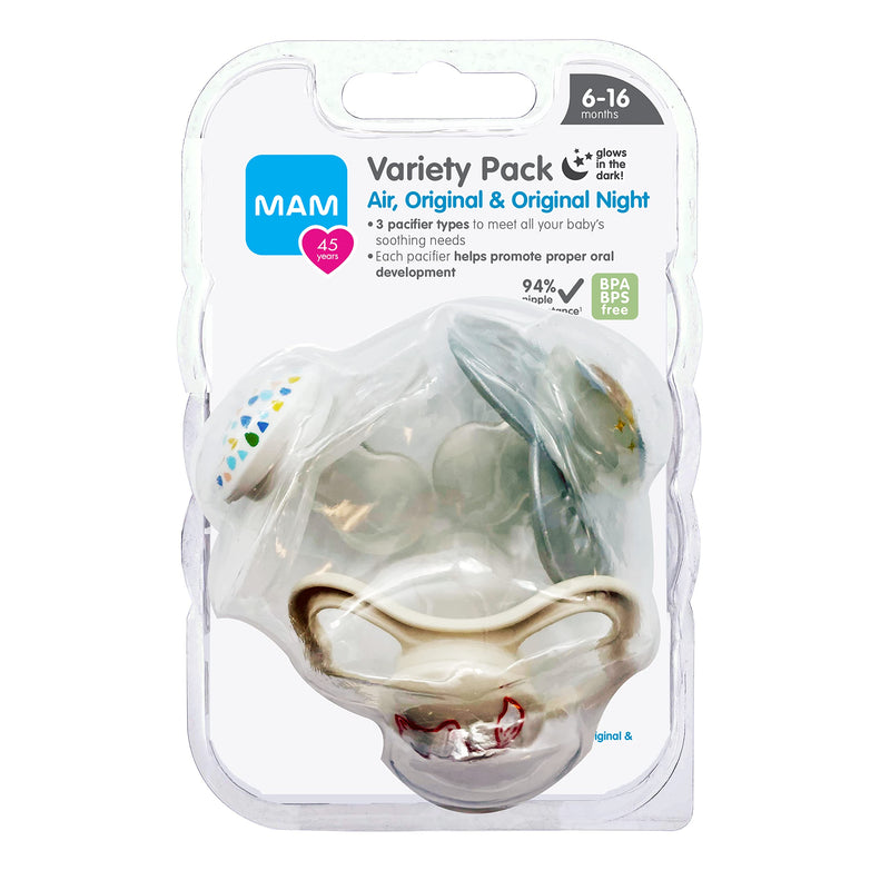 [Australia] - MAM Variety Pack Baby Pacifier, includes 3 Types of Pacifiers, Nipple Shape Helps Promote Healthy Oral Development, 6-16 Months, Unisex, 3 Count (Pack of 1) Deep Blue / Artic Blue / Sapphire 3 Count (Pack of 1) 