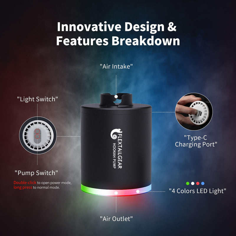 [Australia] - FLEXTAILGEAR Electric Hookah Pump Kit with 1300 mAh Rechargeable Battery Led Light Mini Portable Charcoal Starter Coal Burner Helper Shisha Nargila Warm Up Set Smoke Bar Accessories 