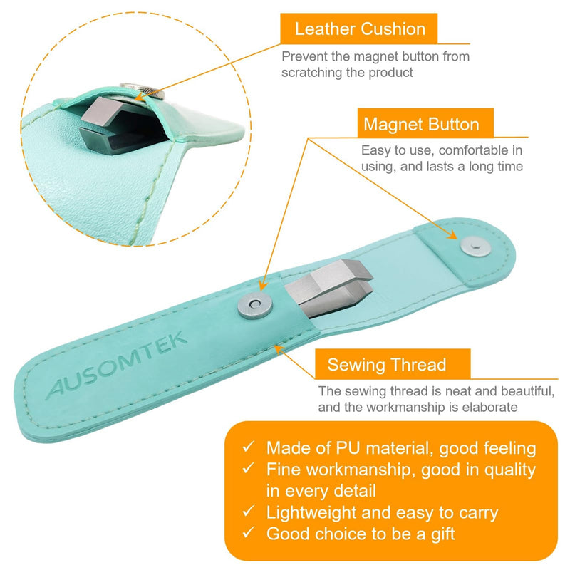 Beard & Hair Plucking Tweezers, Fine Eyebrow Tool, Stainless Steel, 10mm Tip, Anti-Slip Slot Design, Cyan PU Case