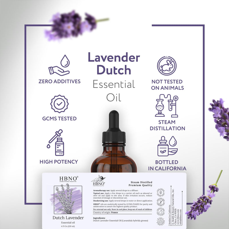 [Australia] - HBNO® California Bottled Dutch Lavender Essential Oil 4 fl oz (120ml) - Natural Lavender Oil for Skin, Perfect for Cleaning, Aromatherapy, DIY & Diffuser - Lavender Oil Essential Oil 4 Fl Oz (Pack of 1) 