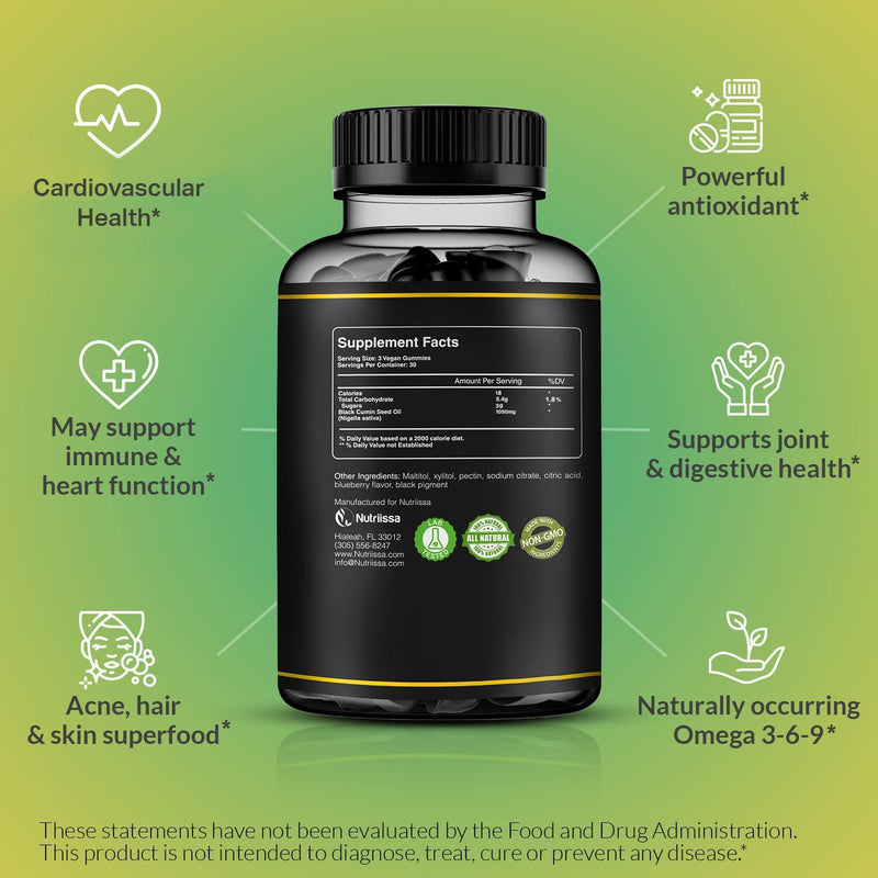 [Australia] - Organic Black Seed Oil Gummy - World's First Gummies w/ 4%+ Thymoquinone – Cold-Pressed Vegan Black Cumin Seed Nigella Sativa Oil – Antioxidant Support – 1050mg (90ct) 