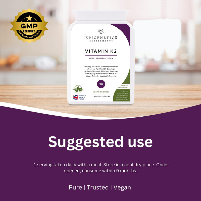 Vitamin K2 | 100mcg High Strength Vitamin K2 (Menaquinone-7) | 90 Vegan Capsules UK Made | 1 Capsule Daily (3 Month Supply), Natural Ingredients