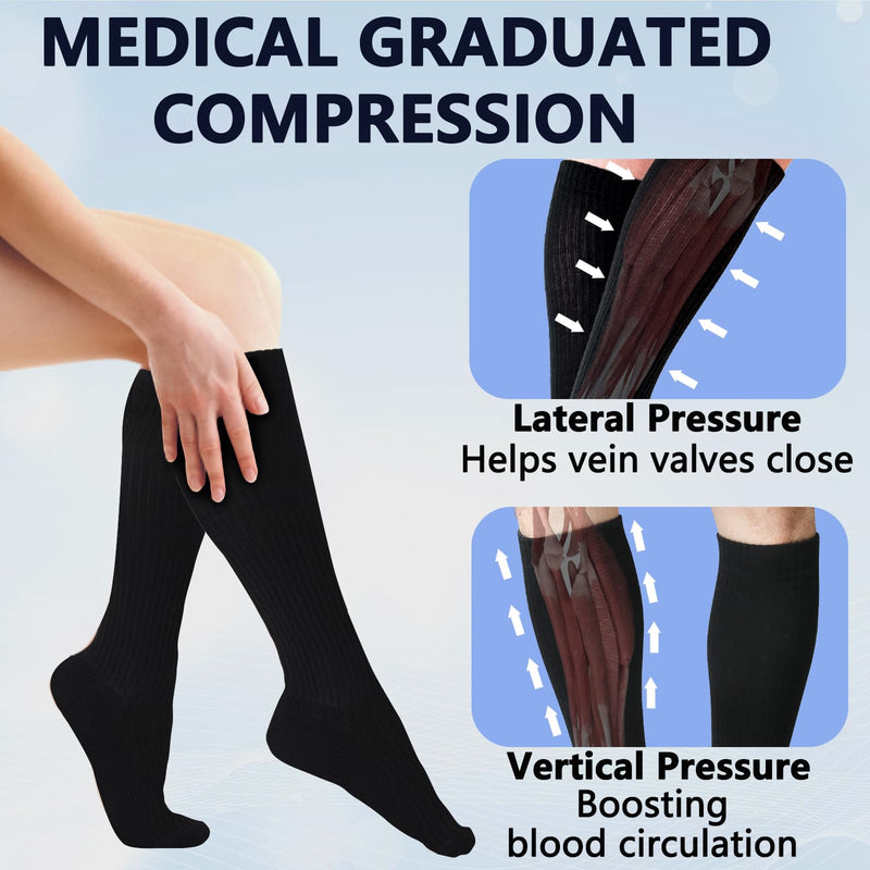 [Australia] - +MD Cotton Compression Socks for Women and Men 4/6 Pairs 15-20 mmHg Knee High Socks for Sports Travel Nurse Edema 4 Pairs Black Cushion 15-20mmhg 9-11 