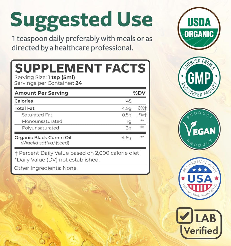 [Australia] - USDA Black Cumin Seed Oil Organic ‚Äì Nigella Sativa Black Seed Oil Organic Cold Pressed & Unrefined in Glass Bottle ‚Äì Vegan, Non-GMO Blackseed Nails & Hair Growth Oils (4 fl oz) 4 Fl Oz (Pack of 1) 