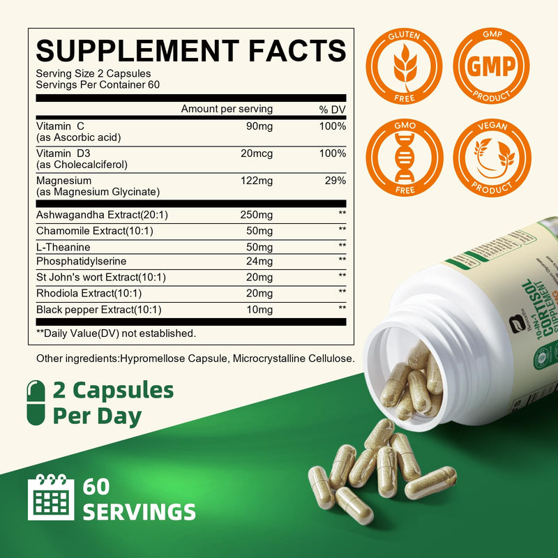 [Australia] - Cortisol Supplements for Women Men, 10-in-1 Cortisol Detox with Ashwagandha, Magnesium, L-Theanine, Balanced Cortisol Levels, Night & Calm Support, 120 Vegan Capsules 120 Count (Pack of 1) 