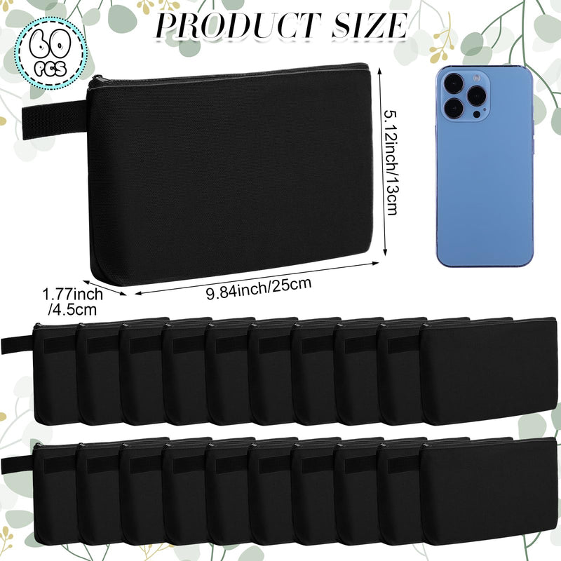 Reginary 60 Pcs Canvas Makeup Bag Bulk,8.6 X 5 X 2 Inch,Multicolor | Portable Cosmetic Pouch with Zipper, Blank Design Pencil Case, Versatile Toiletry Organizer for Women Travel DIY Craft 9.8 x 5 x 2 Inch Black