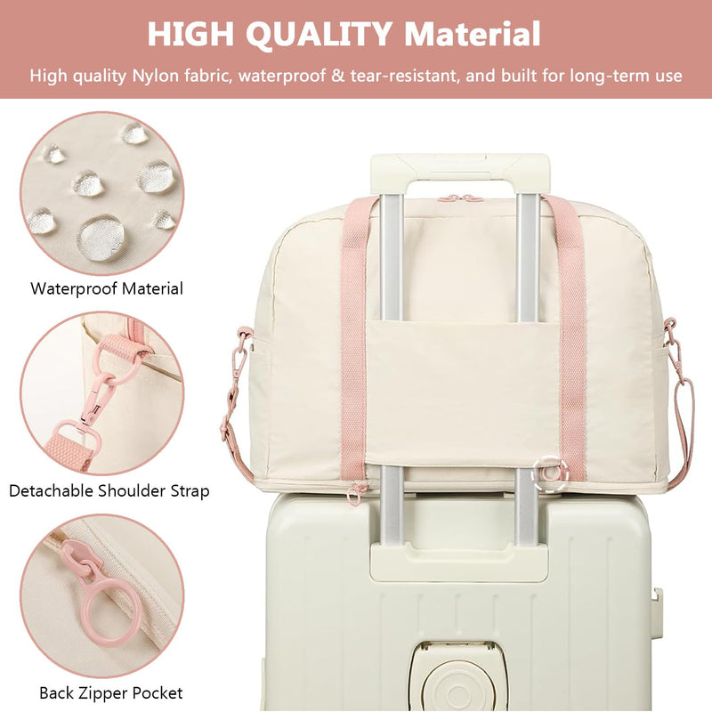 Travel Duffel Weekender Overnight Bag, Waterproof Sports Gym Carry On Tote Bag Personal Item holdall Bag for Women Beige