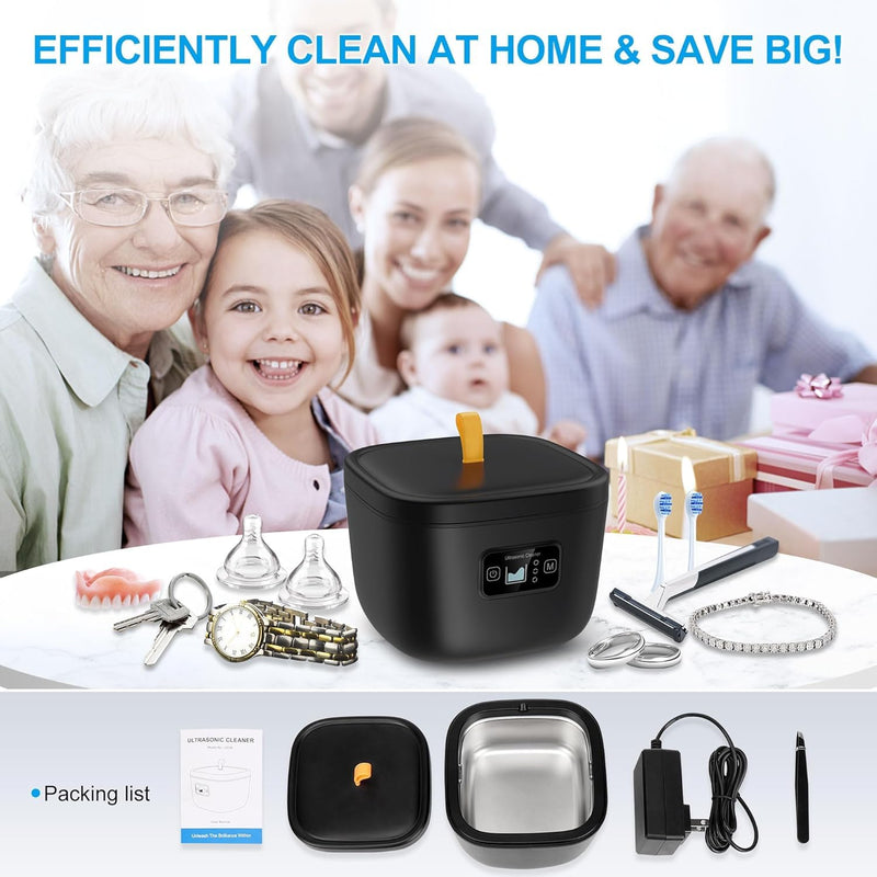 [Australia] - Ultrasonic Retainer Cleaner, Denture, Retainer Cleaner Machine for Denture, Mouth Guard, Jewelry, Brace, Toothbrush Head, 43kHz UV Ultrasonic Retainer Cleaner with 255ML Black 