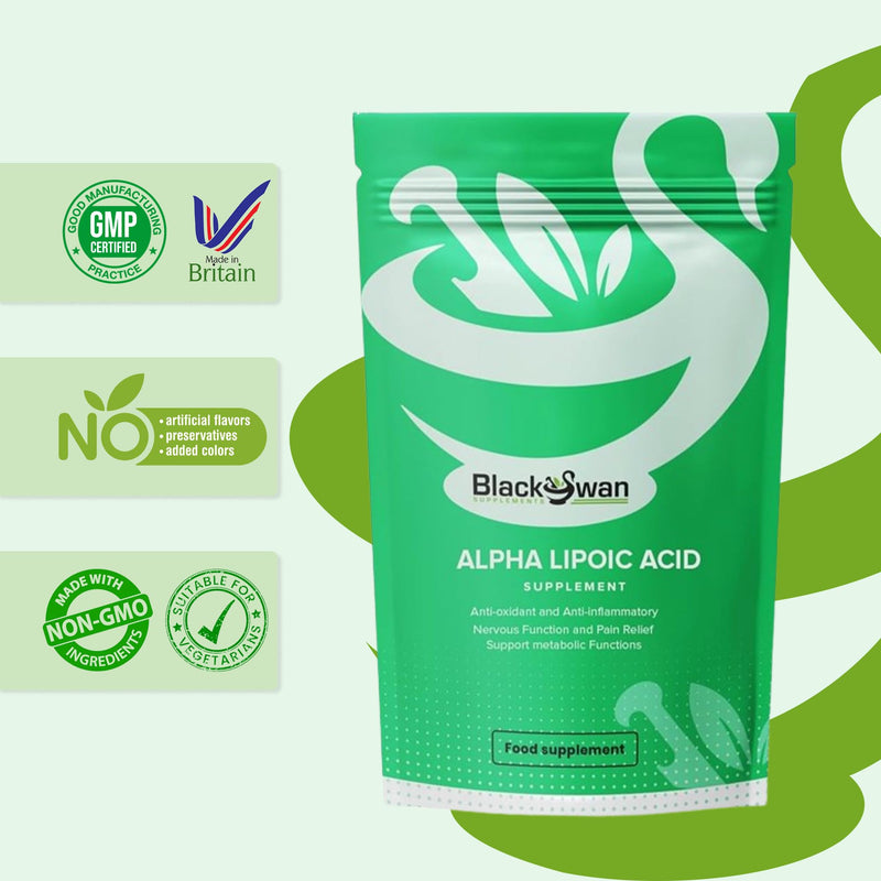 Black Swan Alpha Lipoic Acid 600mg Capsule - High Strength Antioxidant Metabolic Support Pain Relief Weight Management ALA Natural Vegan Supplement - 30 Caps 1 Month Supply