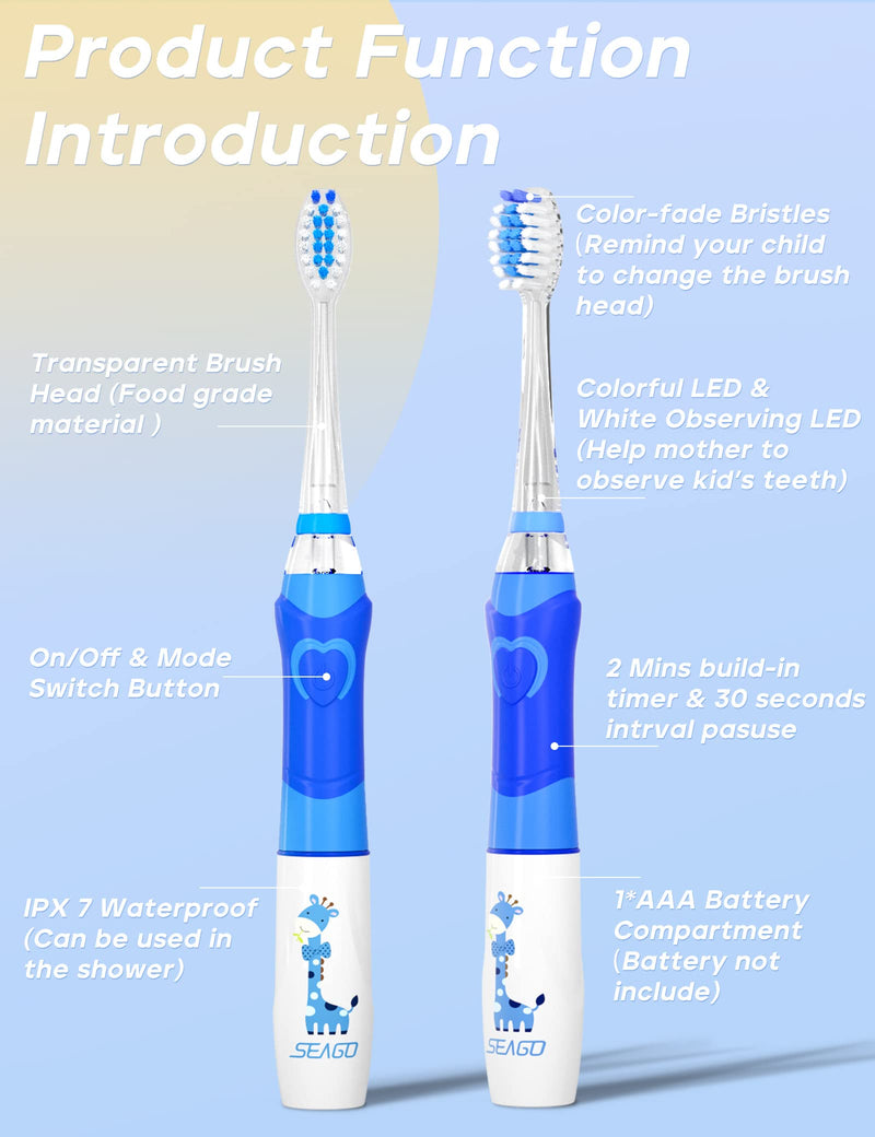 [Australia] - SEAGO Kids Electric Toothbrush with 2 Mins Brushing Timer and 8 Replacement Bursh Heads,Rainbow LED Light Make Brushing Fun, Blue Color Boys Battery Powerd Toothbrush for 4-12 Years Old 