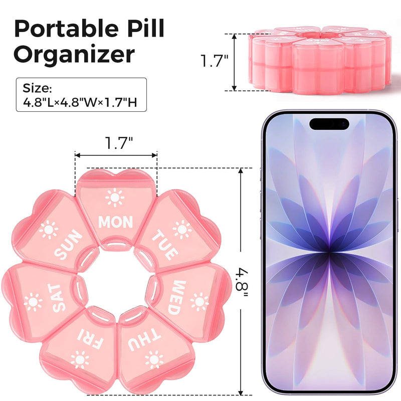LANDNEOO Weekly Pill Organizer 2 Times a Day, Cute Double-Sided AM PM Pill Case 7 Day, Pink Travel Pill Box for Medication, Vitamins, Fish Oils, Supplements - Pink