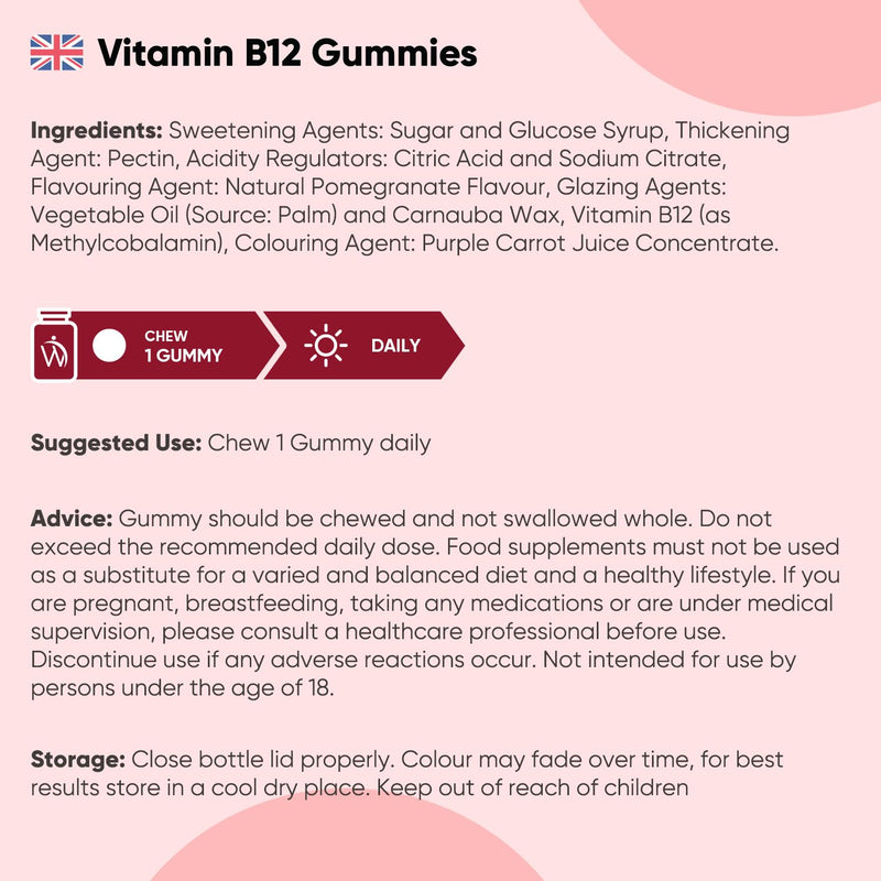 Vitamin B12 Gummies - 120 Gummies - 4 Months Supply - 1000mcg - Tasty, Natural Pomegranate Flavour - 1 per Day - Vegan & Gluten-Free - Methylcobalamin Form for Easy Absorption - B12 Vitamin Supplement