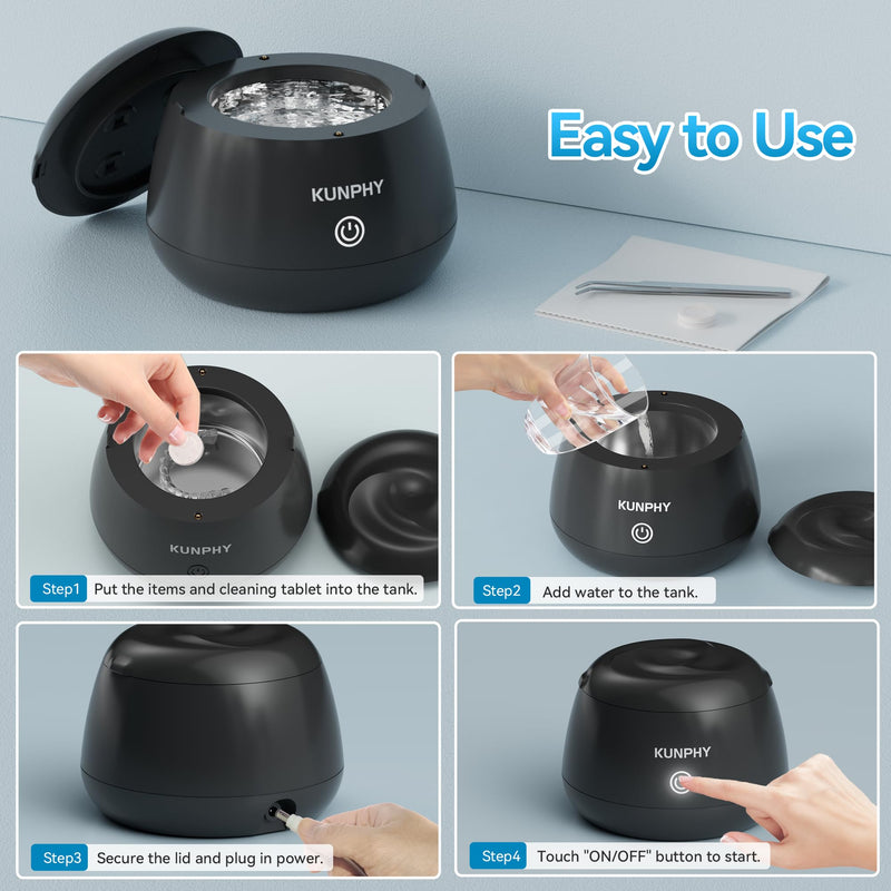[Australia] - KUNPHY Ultrasonic Retainer Cleaner, 48kHz Denture Cleaner Machine with Cleaning Tablets, Water-Proof Dental Cleaning Pod for Deep Cleaning Night Guard, Mouth Guard, Aligner, Jewelry, Black 