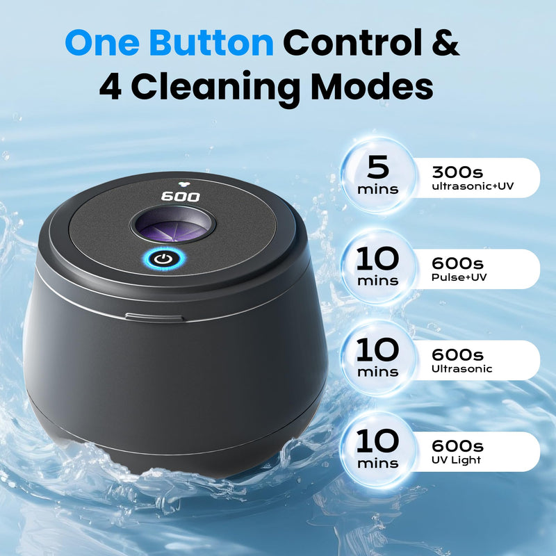 [Australia] - 45kHz Ultrasonic Retainer Cleaner, 200ML Dental Cleaning Pod for Dentures, Mouth Guards, Braces, Aligner, Toothbrush Jewelry and More, UV Denture Cleaner with 4 Modes & Digital Timer Black 