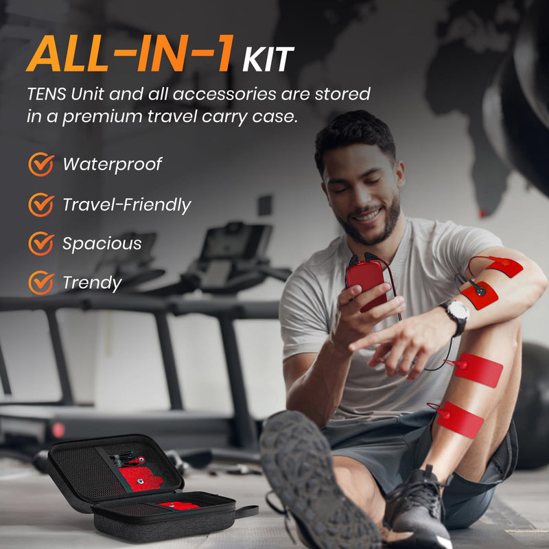 AVCOO 3-in-1 TENS Unit Muscle Stimulator for Pain Relief, 24 Modes, EVA Bag | Electronic Massager Machine with 40 Levels for Gradual Shoulder, Neck, Lower Back Pain Relief, Physical Therapy, 12 Pads, Red A Red